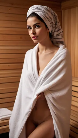 stunningly beautiful Palestinian woman covered by a towel in a sauna, (comic book cartoon style)