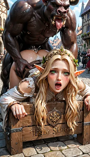 masterpiece, 8k, uhd, dslr, best quality, (One Beautiful young elf princess), ((doggystyle sex with one horrible orc)), demonic, salivate, brutal, hardcore sex fantasy, (bestiality:1.2), full coral pink lips, blushing with shame, long blonde hair, green eyes, elf ears, freckles, clothes ripped to expose butt, distance hips, semen, bukkake, creampie, tears, painful face, screaming, top-down_bottom-up, ass, scratches, (blood), sweat, ahegao, (pillory, bound), (public medieval street), (medieval city), pyre, medieval, rpgelf, Dark, Fantasy, page, grab hair, surrounded by watching people, <lora:Fantasy_Monsters_XL:.8>, <lora:RPGElfXL:.8>, <lora:Dark Fantasy:.8>, <lora:CinematicStyle_v1:.8>