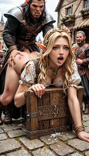 masterpiece, 8k, uhd, dslr, best quality, (One Beautiful young elf princess), ((doggystyle sex with one horrible orc)), demonic, salivate, brutal, hardcore sex fantasy, (bestiality:1.2), full coral pink lips, blushing with shame, long blonde hair, green eyes, elf ears, freckles, clothes ripped to expose butt, distance hips, semen, bukkake, creampie, tears, painful face, screaming, top-down_bottom-up, ass, scratches, (blood), sweat, ahegao, (pillory, bound), (public medieval street), (medieval city), pyre, medieval, rpgelf, Dark, Fantasy, page, grab hair, surrounded by watching people, <lora:Fantasy_Monsters_XL:.8>, <lora:RPGElfXL:.8>, <lora:Dark Fantasy:.8>, <lora:CinematicStyle_v1:.8>