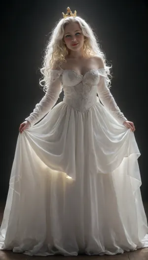 (18 old years:2), (white Woman), (ultra White skin:2), (A single woman:1.5), (white glowing eyes:1), (white glowing hair:2), (Thin lips), (upturned nose), (ultra-realistic), (best quality), (best lighting), (fat body:1.4), (((wavy hair:1.4), (long hair:.5), (full light_White hair:1.5))), (big breast:.8), (wide hip:1.2), (big thigh:1.2), (blush:1.5), (white lipstick:1.4), slight smile, (Off-shoulder:1.3), (fryfry dress:1.5), (long bishop sleeve:1.5), (white dress:1.5), (princess gown:2), (white crown:1.4), (Levitation:2), (full body:1.4), (black room:1.5)