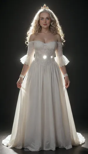 (18 old years:2), (white Woman), (ultra White skin:2), (A single woman:1.5), (white eyes:1), (white glowing:2), (Thin lips), (upturned nose), (ultra-realistic), (best quality), (best lighting), (fat body:1.4), (((wavy hair:1.4), (long hair:.5), (full light_White hair:1.5))), (big breast:.8), (wide hip:1.2), (big thigh:1.2), (blush:1.5), (white lipstick:1.4), slight smile, (Off-shoulder:1.3), (fryfry dress:1.5), (long bishop sleeve:1.5), (white dress:1.5), (princess gown:2), (white crown:1.4), (Levitation:2), (full body:1.4), (black room:1.5)