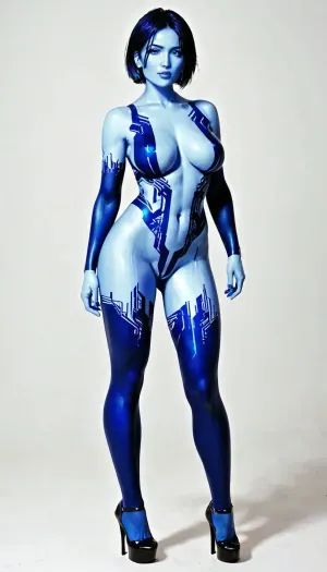 blue skin, blue hair, Cortana from Halo, Cortana robotized, robot Cortana, all shiny and metallic Cortana, metallic breasts, erect metallic nipples, all of her body is shiny metallic, having metallic pussy who squirting, very high platform heels, sultry look, front view, full body, full body view
