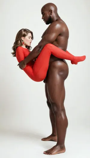 fuck from behind, suspended doggystyle sex, legs dangling in the air, interracial fuck, enormous fat black man, serious black man, giant black man, fat black man, very hight, extremely big man, man much taller man much fat, enormous man, bald black man, vagina penetration, dominant scene, brown hair, medium lenght hair, minute, minute body, slight body, side view, full body, white background, motion effects, moans, entire figures, zoom out
