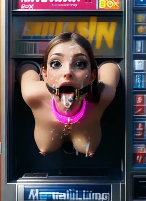 1 woman, (dark public sci-fi sex shop:1.3), (top side vending machine view:1.5), (very beautiful young 18 years old model girl:1.7), (lower body hidden into metalic vending sex machine box:1.7), (stuck with upper body from sex machine:1.7), (arms hidden back into vending machine:1.5), (leaning forward very skinny body:1.4), (only head with breasts visible:1.5), (head up:1.6), (mouth spreader ring gag:1.6), (opened very wide mouth:1.7), ((very beautiful petite girl:1.7)), (slightly satisfied:1.4), (long brown shiny hair:1.4), (innocent looking face:1.7), (very beautiful happy narrow face:1.7), (light lips:1.3), (perfect dark eyes:1.5), (black iris:1.3), (looking directly up:1.7), (seductive sexy makeup:1.7), (thick dark long eyelashes:1.5), (smokey eyeshadow:1.3), (tongue rounded at the end:1.5), ((very long very flat very wide white tongue hanging down:1.7)), (1 tongue piercing:1.4), (tongue piercing restrained down with thin chain:1.4), (a lot of liquid cum flows out of mouth:1.7), (cum dripping from tongue:1.3), (cum on face:1.4), (cum on breasts:1.4), (huge massive very oversized pink glowing collar:1.6), (erect nipples:1.3), (nipple piercings:1.3), (firm perky flat medium breasts:1.5), (naked wide slicone boobs spread apart:1.6), (dark skinned:1.3), (narrow cheekbones:1.5), (stunning:1.4), (barcode on boob:1.4), (tattoos:1.3), (tall:1.3), (very small areolas:1.3), (small nipples:1.3), (extremely gorgeous:1.5), (slim perfect fitness body:1.6), (sexy:1.4), (modern vending machine with glowing dashboard:1.4), (golden lighting spots in vending machine:1.4)