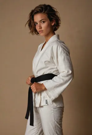 20 year old woman, tomboy, androgynous body, Very short Messy Chestnut Brown hair, Toned body, Caucasian with tanned skin, gentle fingers usually curled up in a fist, surprisingly strong arms, long legs, medium breasts, medium butt, wears a white karate kimono, black belt, white pants are already somewhat short