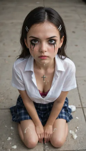 Perfect little angel catholic schoolgirl kneeling in front of viewer, 18 yo, teenage girl, (very young:2), black hair, hair clips, black eyeliner, black mascara, black eye shadow, ((running makeup)), ((crying)), tears, tight fitting schoolgirl uniform, plaid skirt, shirt ripped open, bra visible, cleavage, cross necklace in cleavage, covered in cum, drenched in cum, excessive cum, (bukkake facial), cum on face, cum in cleavage, cum in cross, cum all over her face, ((angry))