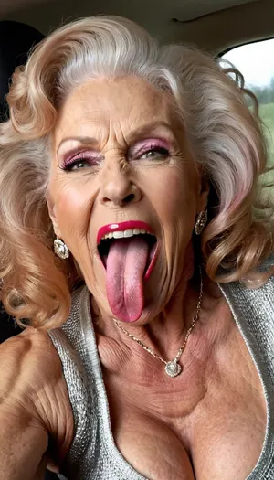 smile skinny brigitte nilsen old granny, smile gilf streches out her extreme long tongue, usa pervert old bodybuilding muscle woman gilf with long tongue, massive boobs, open her mouth big, waiting for cumshot, in bed, smokey, lipstick, ginger kinky curly hair cut, with very massive tits hugh boobs, sticks her extreme long tongue out of her mouth, big open mouth, in a car, wearing a silver pink rose transparent diamant silver tight sweater with tits free hole, hairstyle after sex, make up running down, kinky crazy granny, gold jewellery, red peral neckless