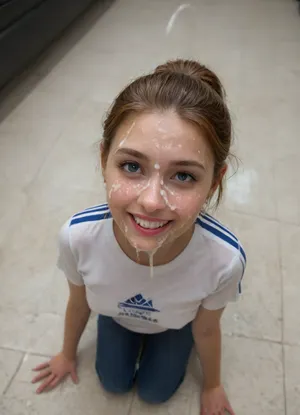 Masterpiece, (Full lateral motion view from above:3), Petite skinny pale 18yo spanish woman kneeled and chained in a dungeon, (cumshot facial:2.8), wet t-shirt after piss session, cumplay with tongue and mouth, ((firmly squeezing her own breasts, 1.9)), wet redhead ponytail hair, tanlines, very wet skin, detailed blue eyes, (slightly smiling:2), tight jeans, adidas snickers, ((visible cock eyaculating)), NEGATIVE_HANDS, from below, flat, chested, <lora:add-detail-xl:2>, <lora:flat_chested_v3.5:.8>, <lora:piss_in_mouth_deepmind:.8>