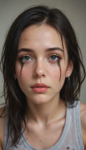 Very pretty 18 year old girl, cute, (crying, running mascara, long black hair)