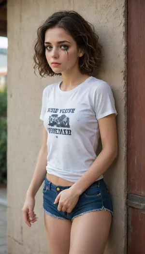 Very pretty 18 year old girl, cute, (crying, running mascara, visible pussy peeking out from shorts)
