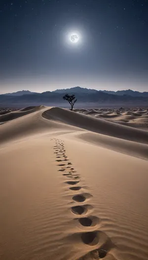 A serene and mystical night scene in the desert, with the full moon, a silver crescent glowing brightly in the top left corner of the frame, casting an ethereal light upon the endless dunes below, which stretch out toward the horizon in gentle, rolling waves, their sandy peaks and troughs illuminated by the soft, lunar glow, while the surrounding sky is a deep shade of indigo, punctuated by a smattering of twinkling stars, and the air is crisp and still, filled with the sweet scent of nocturnal blooming flora, and in the distance, the silhouette of a few sparse, wispy trees stands out against the luminous sky.