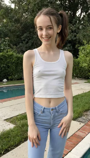 A young small petite timid college girl of 1m60 height, sunset, evening, in the garden near a pool, wearing a white tank-top, blue high-waisted loose-fitting jeans pants, high-rise denim, smiling at me. medium lenght brown hair in a single ponytail. Outdoors, vintage, playful, tanmarks, realistic skin with moles and imperfections, soft figure, small perky breasts, thin, anorexic