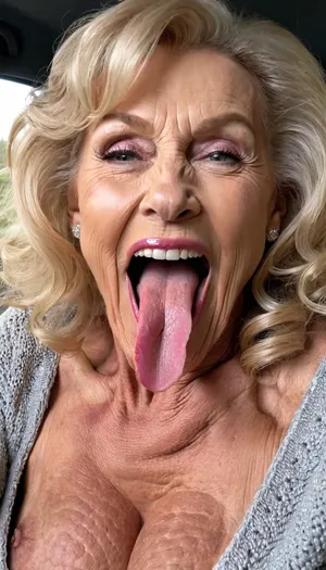 smile skinny brigitte nilsen old granny, smile gilf streches out her extreme long tongue, usa pervert old bodybuilding muscle woman gilf with long tongue, massive boobs, open her mouth big, waiting for cumshot, in bed, smokey, lipstick, ginger kinky curly hair cut, with very massive tits hugh boobs, sticks her extreme long tongue out of her mouth, big open mouth, in a car, wearing a silver pink rose transparent diamant silver tight sweater with tits free hole, hairstyle after sex, make up running down, kinky crazy granny
