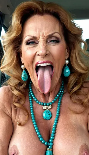 smile skinny brigitte nilsen old milf, smile gilf streches out her extreme long tongue, usa pervert old bodybuilding muscle woman gilf with long tongue, wearing a jeans jacket, massive boobs, open her mouth big, waiting for cumshot, wet long hair, smokey, lipstick, white ginger kinky very long curly hair cut, with very massive tits hugh boobs, sticks her extreme long tongue out of her mouth, big open mouth, in a car, naked, hairstyle after sex, make up running down, kinky crazy granny, big turquoise pearl neckless, golden earrings