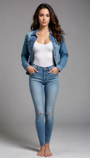 wearing tight white bodysuit and light blue denim jacket loosely hanging off her shoulders and forearms, standing in a light gray studio background, posing in a subtle half-profile with her head slightly tilted down and to the left, eyes half-closed, one hand pulling on the bodysuit near her hip, long wavy brown hair cascading over her shoulder.

Full-body portrait, camera positioned at waist level and 4-5 meters away from the model, capturing her entire figure from head to feet, leaving extra space above the head and around the feet in frame, visible light gray studio background with clean white wooden floor. Professional studio lighting, balanced shadows, sharp focus on entire figure, shallow depth of field with beautiful background separation.

Shot on Canon EOS R5, 50mm lens, Canon L-series lens, natural perspective, high-detail 8k photography, HDR

clearly visible bare feet flat on the floor, entire figure from head to toes fully visible in frame, no cropping, extra space around feet