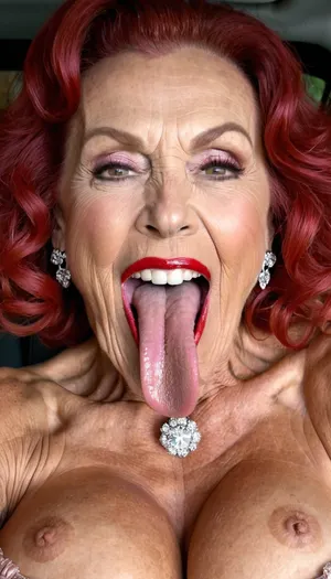 smile skinny brigitte nilsen old granny, smile gilf streches out her extreme long tongue, usa pervert old bodybuilding muscle woman gilf with long tongue, massive boobs, open her mouth big, waiting for cumshot, in bed, smokey, lipstick, ginger kinky curly hair cut, with very massive tits hugh boobs, sticks her extreme long tongue out of her mouth, big open mouth, in a car, wearing a silver pink rose transparent diamant silver tight sweater with tits free hole, hairstyle after sex, make up running down, kinky crazy granny, gold jewellery, red peral neckless