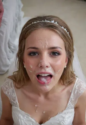 3/4 body shot of happy woman wearing wedding dress with cum on her forehead, facial, <lora:Facials:.5>, open mouth, (cum in mouth:1.3), <lora:JustCum:.5>