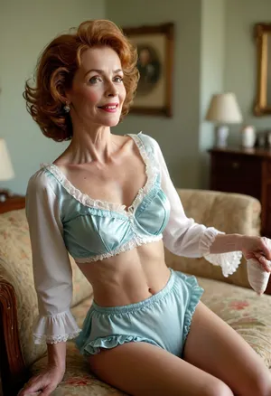 BadX, XCYP, Lady, Hand, 1950's USA, Housewife, mature, 56 years old, conservative, slender, graceful, elegant, long arms, long legs, big auburn bouffant, frilly panties, frilly slippers, happy expression, <lora:MJ52:.5>, <lora:鲜创一派@Lady Hand_SDXL:.8>