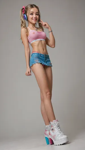 (18:3), (Masterpiece, highest quality, 8K, finest details, amazing photography, award winning, spectacular image, focus, realism, UHD), (absolutely gorgeous, incredibly attractive, stunningly beautiful, (super cute model:1.3), young 18 year old student, (teenager:1.7)), (amazing body, toned, tanned, (tight slim defined body), detailed sexy body, (short, small frame), large breasts, hard poky nipples, sexy stomach, pierced naval, (g string:1.4)), (tight blue crop top, big cleavage, pink tube top, small tight white top), (blue micro skirt, torn pink fishnets, coloured bikini bottom), (high heels, sneakers, barefoot, platform boots), (blonde hair, hair clips, hair bow, hair ribbons), (pigtails, twinbuns, braid, short or long hair, side ponytail, big ponytail, elegant updo hair, fancy hairstyle, straight plain hair), pushing out chest, arched back, legs apart, visible panties, (full body, front view, side view, rear view, low angle, high angle), (big smile, excited, happy), (face focus, detailed face:1.3), (hand gestures, detailed fingers), (at a bar or pub), (very aesthetic, necklaces, bracelets, watch, key chain, tattoos, piercings, rings, headphones, belt, purse, cell phone)