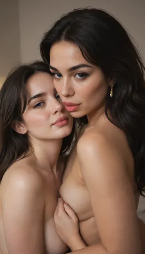 duo wife, [(Persian Face:2)], [Young Adult], [MILF], [natural skin], [beautiful woman], perfect voluptuous model body, massive hips, massive natural tits, late night, moody lighting, warm light, [Heavy-lidded eyes with a sultry, come-hither stare, lips slightly parted in a soft, inviting smirk.], [Naked], [she have "long, straight black hair and, sharp blunt bangs" hair], Professional Model, Porn Lesbian Photo shot, kissing on bedroom, expression clearly visible, ultra-high details in 8K UHD, Stable-Yogis-Makeup-Enhancer-XL, NEGATIVE_HANDS, BadX, detailxl, ac_neg1, completely, nude, NSFW, <lora:Her_Eyes:.4>, <lora:nswf_last:.4>, <lora:pyroV4-256:.8>, <lora:405168_training_data:.4>, french, kiss, <lora:french_kiss_xl_v1:.8>