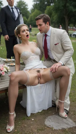 wonderful most beautiful wedding bride, detailed face, full lips, blonde hair, hairbun, conservative white wedding dress, garter belt and sheer brown stockings, Louboutin conservative high heels, dress lift up, decent red lips in face, hourglass figure, ripped stockings, wedding flowers, wedding bouquet, huge wedding cake, surprised, wide open mouth, hands holding her boobs, fucked by an aggressive stranger homeless man, huge cock, missionary, (3rd person), sex, sitting on a table, rough fucking sex, legs spread wide, dark hairy pussy, rough sex, deep penetration, cum dripping down thighs, hard fucking, outdoors, flowering meadow, wedding guests watching, many people around, late afternoon, long deep shadows, specular lighting, creampie, impregnation, torn wedding dress, torn bride dress, brunette maid is holding bride dress, full body view
