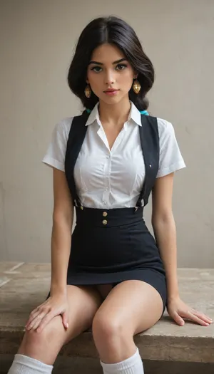 (((((Princess Jasmine))))), (Velvet button-down shirt), (Velvet shirt), (Checked velvet miniskirt), white knee-high socks and velvet push-up bra, Mahalai uniform, white shirt, short sleeves, black pencil skirt, black vest. front view