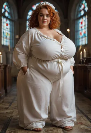 full body professional photo of most beautiful Irish women, mature, 45 years old, ((bbw obese:1.2)), (oversized thick thighs and wide hips), Firered hair, bungs., ((Freckles on face)), wearing white oversized jumpsuit with v-decollete. Busty lips, lipstick. Seductive posing, seductive smile, dreamily. Church, dimly, candles, <lora:MJ52:1.5>, <lora:SDXLHighDetail_v6-000005:.8>, <lora:CinematicStyle_v1:2>