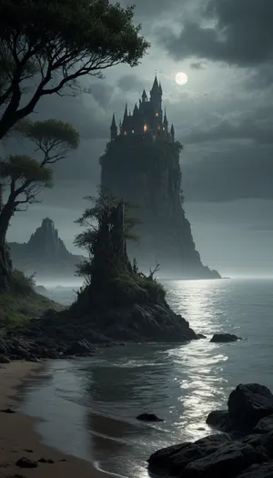The scene is made on the ocean shore with vegetation in the style of dark fantasy-a dystopia with a very detailed and atmospheric environment. The world in the water is magically infected with glowing anomalies, perverted nature, and the remnants of vanished civilizations. The light is unnatural, casting eerie shadows. The art style combines elements of medieval fantasy.