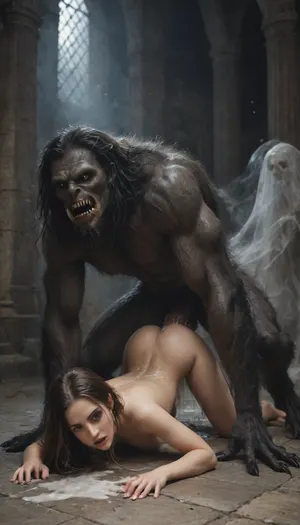side view, brunette, medium breast size, medium ass size, fucked by giant fat monster, giant fat monster pounding boa, pussy fucking, barbed penis, excessive cum, with extremely monstrous massive thick cock, sweaty, gorgeous face, massive cock, pussy fucked from behind, beast, mating, colossal cock, full body enormous cock, excessive cumshot, excessive cum on body, massive cocks with massive circumference, cum pours all over the body, excessive cum on legs, excessive cum flows down legsmassive werewolf having sex with human solo female, flat-chested, on all fours with legs slightly spread, hands on the floor, massive veining, ribbed cock penetrating pussy, vaginal sex, passionate sex, all the way, moaning, big pussy juices, long sleeve tight bodystocking, athletic body, high definition, blue eyes, blond hair, long hair, extremely beautiful face, very detailed, werewolf opens its mouth and shows its sharp teeth. The scene is in the surroundings of an ancient castle, (orgy with terrifying ghosts and other creatures of the night:1.7), are hiding in all possible corners of the great hall, watching the unlikely couple having sex. The atmosphere is frightening and arousing at the same time. high detailed, modern-werewolf, 1girl, 1boy, prone, bone, sex, from, behind, lora, (ProneBone-000010:.5), Black, and, white, art, black, pencil, shading, charcoal, drawing, toned, brutal, dark, b/w, color, scheme, <lora:Modern_Werewolf:.8>, <lora:Black and white art.V1:1.2>, <lora:ahxl_v1:.9>