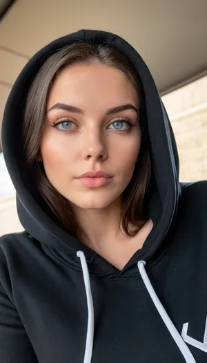 ziprealism, (playful girlfriend, mischievous woman), (smug, expressive eyes, breathtaking eyes, mesmerizing eye contact), (tight hoodie, black hoodie, raised hood, casual outfit:1.4), (silky hair, glossy black hair, long hair, cascading hair:1.2), (focus on chest, perfect eyes:1.4), (subtle makeup, sporty makeup:1.2), (sharp chin, chiseled cheekbones, triangular face, full lips), (medium full shot, profile shot, side view, low angle shot, natural lighting, tight focal length, rule of thirds framing:1.2), (crystal blue eyes, catchlights, detailed eyes, limbal ring), sitting in stadium, crowded, natural skin texture, soft bokeh, <lora:add-detail-xl:.8>