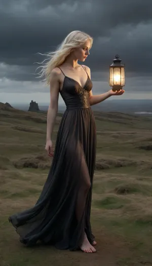 A lone bare naked woman with platinum hair stands in a desolate, windswept landscape, her form-fitting dark gothic, ((transparent dress)), billowing around her. She holds a glowing lantern, casting an ethereal light on the scene. The sky is a canvas of soft cool volumetric lighting, natural shadows, and ambient occlusion. This masterpiece is inspired by the works of Caspar David Friedrich, John Everett Millais, and Dante Gabriel Rossetti, with a focus on romanticism and pre-Raphaelite aesthetics. Cinematic, epic, atmospheric scenery.