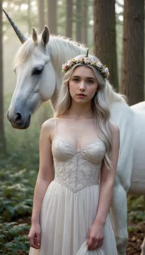 A young, pale-skinned woman, likely in her teenage years, with long, flowing, light gray hair adorned with a delicate floral crown, stands beside a majestic white unicorn. Her expression is serene and thoughtful, her gaze directed slightly downward. She wears a flowing, light beige gown with subtle, multicolored patterns. The unicorn, a majestic, light gray or white color, is depicted with realistic detail and stands beside her, both figures positioned amidst a dark, misty forest. This masterpiece is inspired by the works of Arthur Rackham, Edmund Dulac, and Maxfield Parrish, with a focus on fairytale illustration and ethereal beauty. Cinematic, epic, atmospheric scenery.