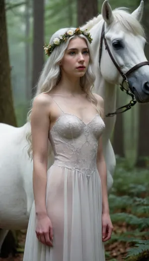 A young, pale-skinned naked bare woman, likely in her teenage years, with long, flowing, light gray hair adorned with a delicate floral crown, stands beside a majestic white unicorn. Her expression is serene and thoughtful, her gaze directed slightly downward. She wears a flowing, light beige gown with subtle, multicolored patterns. The unicorn, a majestic, light gray or white color, is depicted with realistic detail and stands beside her, both figures positioned amidst a dark, misty forest. This masterpiece is inspired by the works of Arthur Rackham, Edmund Dulac, and Maxfield Parrish, with a focus on fairytale illustration and ethereal beauty. Cinematic, epic, atmospheric scenery.