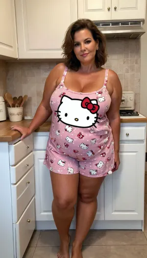 old cute charming mature, sexy 60 years, brunette, medium hair, tan skin, after sleep, messy hair, at the kitchen, wide hip, big culottes, fat bbw chubby, very tall, long legs, thick legs, extreme small tiny boobs, very tiny little tits, selfie, full body view, looking at the camera, sexy cute in love face, very cute an charming, very cute hello kitty pj's, cute pj
