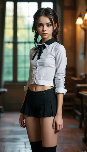 petite student, Slim, ripped revealing clothes, goth, Small tits, (full body view), Tinymodel, young, schoolgirl, 18 years old, perfect face, dark brown eyes, cute, closeup, petite body, smokey eyes, full body photo, beautiful face, (Ultra detailed skin:1.5), (ultra high resolution:1.5), <lora:MJ52:.3>