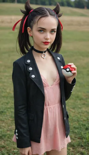 Marnie from pokemon, big blue eyes, red lips, skinny, 18 years old, big green eyes, small cups, naked, realistic light and shadow on the girl's body, detailed skin, realism, ultra-realism, UHD 8K, extreme realism, maximum detail, full portrait, black choker, red ribbon, pink dress, jewelry, black jacket, unbuttoned clothes, long sleeves, cowboy shot, standing, field, holding pokeball, pokeball, smile, open mouth, (high-detail skin), high quality, marnie_\, (pokemon\), <lora:marnie_(pokemon):1.5>