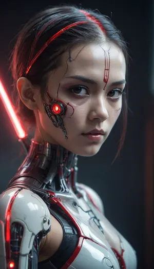 zoomed out full body portrait, ((Asian cyborg girl with partial transparent skull with visible wires and red plasma inside her skull:1)), gripping one lightsaber, <lora:PAseer-SDXL-Transparent Robot:.5>