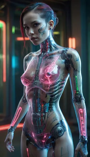 full body portrait, ((Asian cyborg girl with partial transparent skull with visible wires and red plasma inside her skull:1)), human face with many scars and many tattoos, robotic skeleton with pink lights and green lights and blue lights, wielding long lightsaber, show feet, <lora:PAseer-SDXL-Transparent Robot:.5>