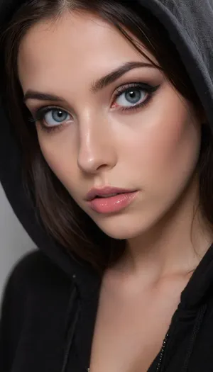 ziprealism, (profile shot, intimate snapshot esthetic:1.8), (playful girlfriend, mischievous woman, bashful pose), (expressive eyes, breathtaking beauty, mesmerizing eye contact), (black hoodie, raised hood, unzipped, cleavage:1.4), (silky hair, glossy black hair, long hair:1.4), (focus on breasts, perfect eyes, medium full shot), (subtle makeup, sporty makeup), (sharp chin, chiseled cheekbones, triangular face, full lips), (crystal blue eyes, catchlights, detailed eyes, limbal ring), natural skin texture, (dark, chiaroscuro:1.2), <lora:add-detail-xl:.8>, <lora:zavy-cntrst-sdxl:.8>