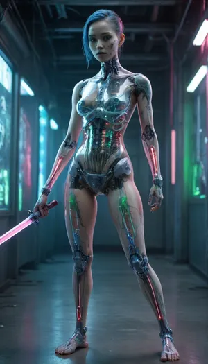 full body portrait, show robotic feet, ((Asian cyborg girl with partial transparent skull with visible wires and red plasma inside her skull:1)), human face with many scars and many tattoos, robotic skeleton with pink lights and green lights and blue lights, (wielding long plasma sword), cyberpunk city, <lora:PAseer-SDXL-Transparent Robot:.5>