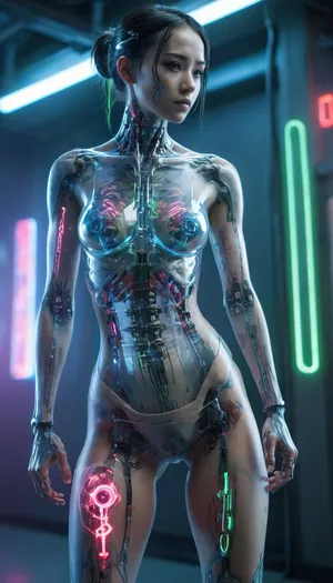 full body portrait, show robotic feet, ((Asian cyborg girl with partial transparent skull with visible wires and red plasma inside her skull:1)), human face with many scars and many tattoos, robotic skeleton with pink lights and green lights and blue lights, (wielding plasma staff), standing in cyberpunk city, <lora:PAseer-SDXL-Transparent Robot:.5>