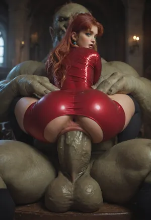 (Starfire), (wearing a tight red velvet dress, a tight long velvet dress, black socks), a tight velvet dress with high sleeves, black socks., (extreme anus sex), (huge troll monster cock), front view