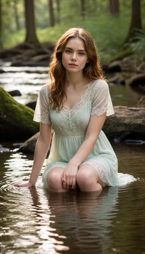 Young woman with shoulder-length, wavy, reddish-brown hair, sitting in shallow water of a lush, sunlit forest stream. Caucasian, 18-25 age range. She wears a sheer, off-white, flowing, lace-trimmed, short-sleeved dress that drapes gently over her body. Her expression is serene and contemplative, with a soft, almost wistful gaze. She appears peaceful and relaxed. Her skin is light, smooth, and glowing. Her facial features are delicate and soft, with rosy cheeks. Her body language suggests a sense of tranquility and connection with the environment. The forest setting is a picturesque, magical woodland, with large, ancient trees with gnarled roots that extend into the water. Light from above creates a soft, ethereal glow, illuminating the scene with a golden hue. The water is crystal-clear, reflecting the surrounding trees and sunlight. Water ripples gently around her feet. Detailed textures of the water, trees, and clothing are visible. Soft, natural colors dominate, with shades of green, brown, beige, and a light teal reflecting in the water. The image is composed from a slightly low-angle perspective, creating a sense of intimacy and connection with the subject. The overall mood is peaceful and dreamlike. Photorealistic style. Focus on the subject and diffused lighting.