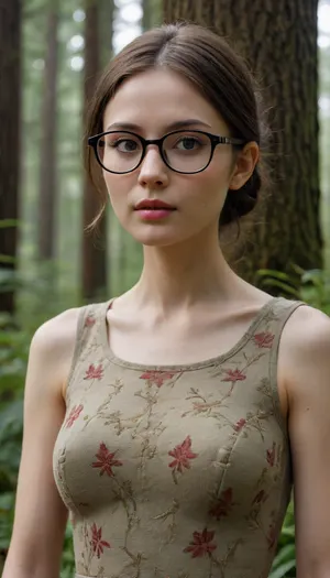 ((top quality、masterpiece、high sensitivity、high resolution、detailed depiction、depiction of a delicate face、Ｆvalue：6 . 0), ((Slender Woman、wearing glasses)), is advanced digital art、ethnic pattern dress、sandals、Carnivorous plants、Forest entrance、Bring me a survival knife)