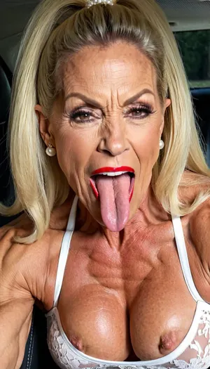 streches out her extra long tongue, (big fleshy tongue), close up her pussy, closed her eyes, squatting, naked, close up her face, close up vagina, enjoy with smiling her orgasm, bulging red lips, fake silicon big mouth, extreme big lips and mouth, blonde hair granny, very old gilf, hard muscle stiration, skinny hard muscle body, very broad big mouth, black ponytail hairstyle, hair, marina beaulieu milf, extremely muscular gilf, with wide muscular shoulders, abs, high muscle definition, very thin fat free skin, massive bodybuilding milf, bulging lips, granny want sex, wide mouth, round big boobs, happy sinful gilf, squatting in a car, blonde hair, very short pixie black buzzcut hair, close up mouth, muscle_bimbo, old dominatrix lady, lora, Muscle_Bimbo_SDXL, make up, pearl jewellery, wearing a white blouse dress