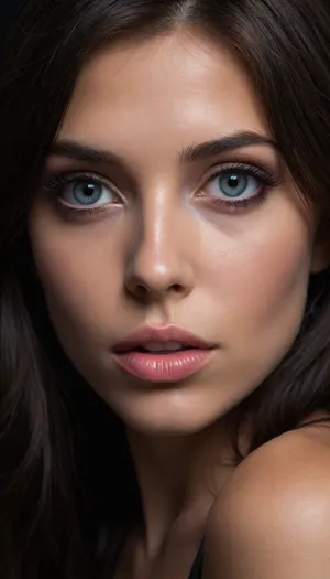 ziprealism, (profile shot, intimate snapshot esthetic:1.8), (playful girlfriend, mischievous woman, bashful pose), (expressive eyes, large eyes, downturned eyes, breathtaking beauty, mesmerizing eye contact), (silky hair, black hair, long hair:1.4), (focus on breasts, perfect eyes, medium closeup shot), (professional makeup, elegant makeup), (off the shoulder, pale breasts, cleavage, nipple slip), (sharp chin, chiseled cheekbones, triangular face, full lips, glossy lips), (crystal blue eyes, catchlights, detailed eyes, prominent limbal ring:1.2), natural skin texture, (subtle vellus hair:.4), (dark, chiaroscuro, textured black background:1.6), <lora:add-detail-xl:.8>, <lora:zavy-cntrst-sdxl:.8>