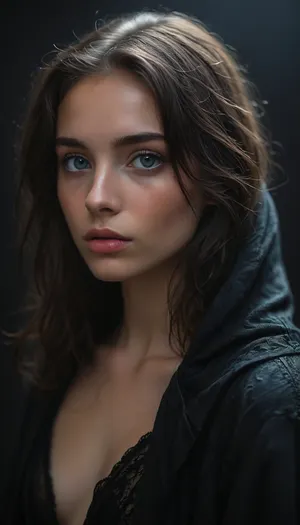 ziprealism, (profile shot, intimate snapshot esthetic:1.8), (black cloak, raised hood:1.6), (playful girlfriend, mischievous woman, bashful pose), (expressive eyes, large eyes, downturned eyes, breathtaking beauty, mesmerizing eye contact), (silky hair, black hair, long hair:1.4), (focus on eyes, perfect eyes, medium closeup shot, short focal length), (professional makeup, elegant makeup), (sharp chin, chiseled cheekbones, triangular face, full lips, glossy lips), (crystal blue eyes, catchlights, detailed eyes, prominent limbal ring:1.2), natural skin texture, (subtle vellus hair:.4), (dark, chiaroscuro, textured black background:1.6), (style of Rembrandt, Italian woman:1.2), <lora:add-detail-xl:.8>, <lora:zavy-cntrst-sdxl:.8>, <lora:MJ52:.8>