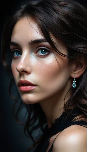 ziprealism, (profile shot, intimate snapshot esthetic:1.8), (playful girlfriend, mischievous woman, bashful pose), (expressive eyes, large eyes, downturned eyes, breathtaking beauty, mesmerizing eye contact), (silky hair, black hair, long hair:1.4), (focus on eyes, perfect eyes, medium closeup shot, short focal length), (professional makeup, elegant makeup), (sharp chin, chiseled cheekbones, triangular face, full lips, glossy lips), (crystal blue eyes, catchlights, detailed eyes, prominent limbal ring:1.2), natural skin texture, (subtle vellus hair:.4), (dark, chiaroscuro, textured black background:1.6), (style of Rembrandt, Italian woman:1.2), <lora:MJ52:.8>, Colorsplash, <lora:SDXLPaintSplash:1.6>