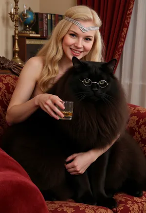 masterpiece, best quality, high detail, Margarita sitting elegantly on an antique velvet sofa, gently stroking the giant cat Behemoth, huge size difference, fluffy black cat wearing small pince-nez glasses, holding a shot glass of vodka, Margarita has long curly platinum blonde hair, diamond tiara slightly askew on her head, pale skin, soft smile, interior of Apartment No. 50, cluttered with strange artifacts, old books, dusty candelabra, globe, velvet drapes, magical atmosphere, surreal domesticity, cozy yet eerie, detailed fabrics, cinematic, sharp focus on Margarita's hand on Behemoth's fur