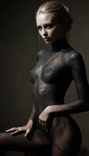 photorealistic, (masterpiece, ultra-detailed:1.4), (full body view:1.4), cinematic, directional light from the side, low-key lighting, high contrast shadows, chiaroscuro, cinematic effect, (Erotic photography by Hegre in the style of Met-art:1.5), ginger fashion model, (avant-garde fashion:1.5), bold monochrome palette, (glossy black lips:1), (high contrast between model's icy white gaze and jet-black attire:1), (geometric accessories:1), (pale as a chalk, lacquered skin:1.5), (perfect fingers:1.2), piercing, ultra details, grim, drkms, <lora:MJ52:1.3>, <lora:LCMTurboMix_Euler_A_fix:2>, <lora:dark:.2>, <lora:HandFineTuning_XL:1.1>, <lora:DarkGrimFantasyXL-000004:1.4>